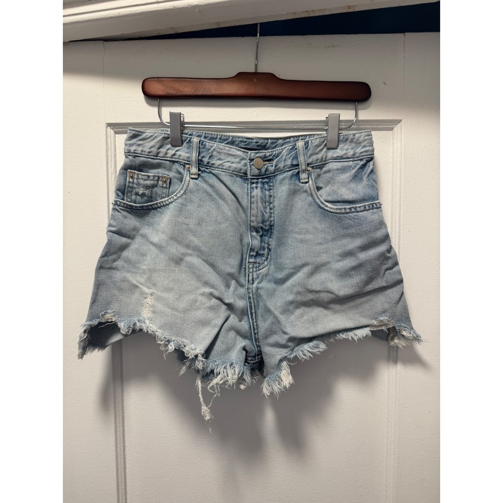 219 Two One Nine Womens High Waisted Distressed Denim‎ Shorts Light Wash Blue L
